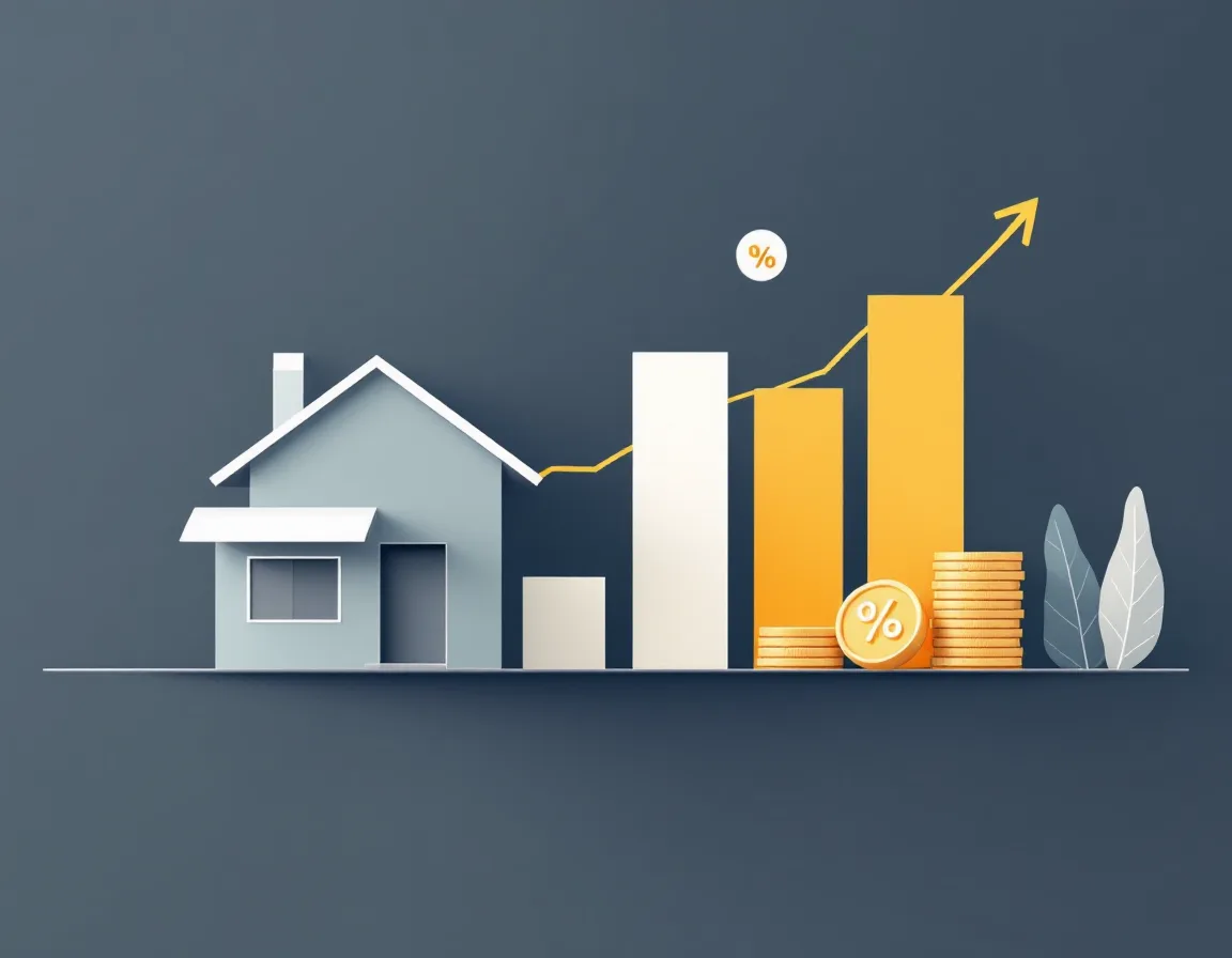 Illustration of a house beside a rising bar chart and coins representing real-estate investment returns and taxes